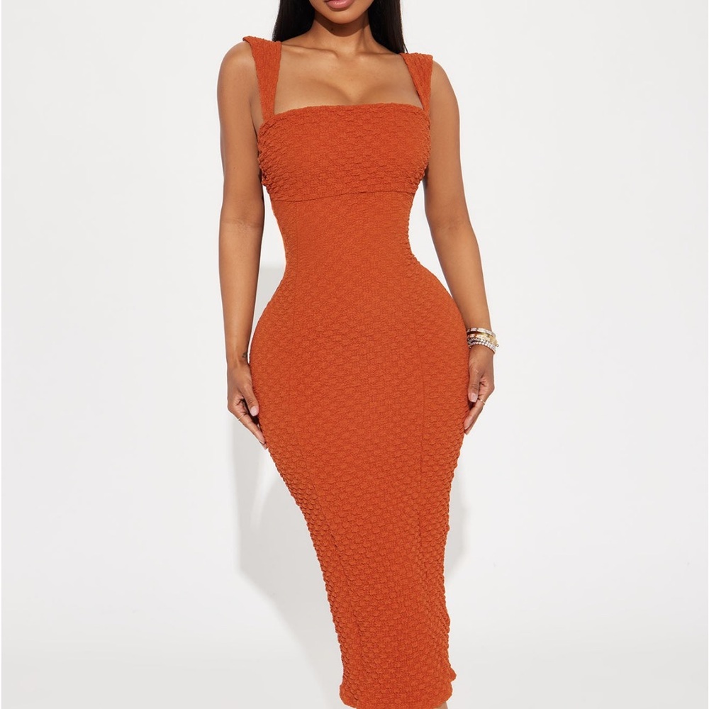 Rust Orange Textured Bodycon Dress - Small